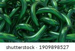 Tangled snakes with green metallic scales. Fantasy background. 3D rendered image.