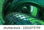 Tangled snakes with green metallic scales. Fantasy background. 3D rendered image. 3D Illustration