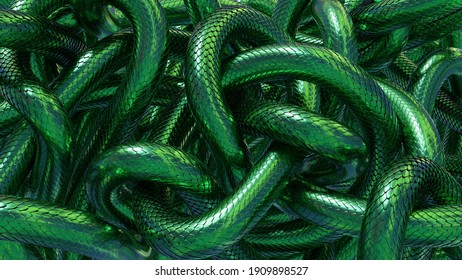 Tangled Snakes With Green Metallic Scales. Fantasy Background. 3D Rendered Image.