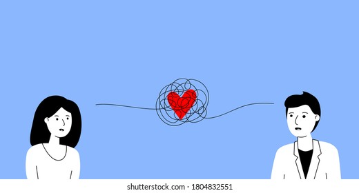 tangled thread with heart between man and woman. concept of hard relationship, complex trouble characters, confuse feelings friend, sad people, emotional burnout. simple sign on blue background