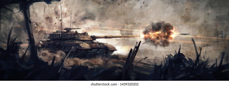 The tank is in battle, firing at the enemy. (Concept Art, Digital Paint)
