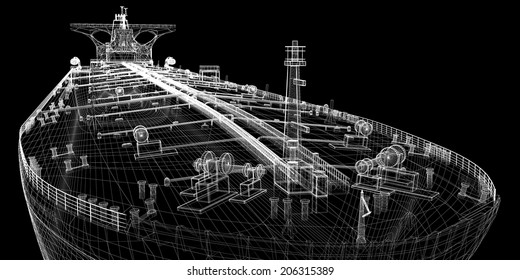 Tanker Crude Oil Carrier Ship, 3D Model Body Structure, Wire Model