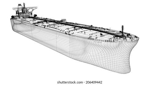 Tanker Crude Oil Carrier Ship, 3D Model Body Structure, Wire Model