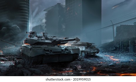 Tanks among the destroyed city. The invasion of tank equipment on someone else's territory. 3D rendering - military defense of the city