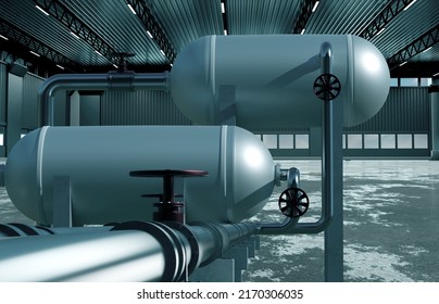 Tanks For Chemicals. Steel Pipeline Inside Empty Factories. Steel Containers For Chemistry Against Backdrop Factory Shop. Equipment For Chemical Industry. Hangar With Production Equipment. 3d Image