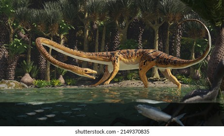 Tanystropheus, extinct reptile in a Triassic fern tree forest (3d rendering)