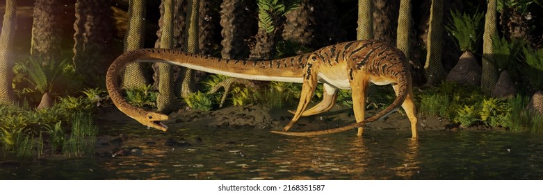 Tanystropheus, Extinct Reptile In A Triassic Fern Tree Forest, Paleoart Banner (3d Rendering)