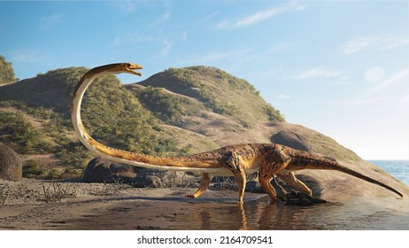 Tanystropheus, Extinct Reptile In A Triassic Landscape (3d Render)