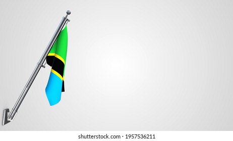 Tanzania 3D rendered waving flag illustration on a realistic metal flagpole. Isolated on white background with space on the right side. 