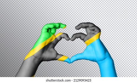Tanzania flag, hands show symbol of heart, transparent background
