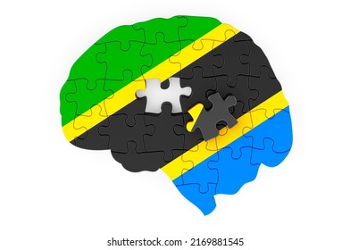 Tanzanian Flag Painted On The Brain From Puzzles. Scientific Research And Education In Tanzania Concept, 3D Rendering Isolated On White Background