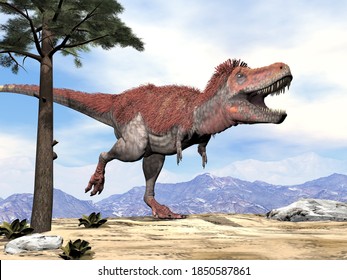 Tarbosaurus walking while roaring by day - 3D render