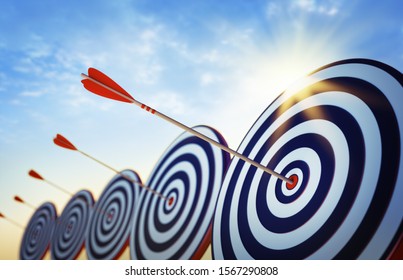 Target boards with arrows at sunset - 3D illustration