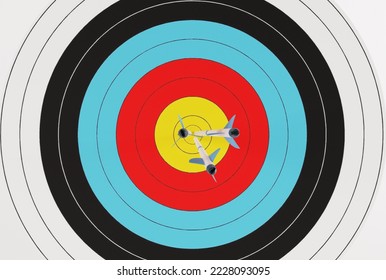 Target with embedded arrows. Archery target on a light background. The concept of fulfilling the goal, striving to implement plans. 3D render, 3D illustration.