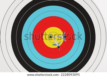 Target with embedded arrows. Archery target on a light background. The concept of fulfilling the goal, striving to implement plans. 3D render, 3D illustration.