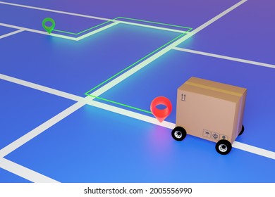 Target express delivery tracking concept. The parcel moves along the map of the area from the sender to the recipient. 3d rendering on a blue background
