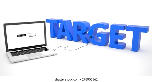 Target - laptop computer connected to a word on white background. 3d render illustration.