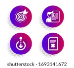 Target purpose, Scroll down and Job interview icons simple set. Halftone dots button. Delete file sign. Business focus, Swipe screen, Cv file. Remove document. Business set.