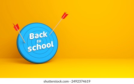a target with two planted arrows and the text back to school for back to school offers - 3D rendering - Powered by Shutterstock - Get 15% off with code: PIKWIZARD15