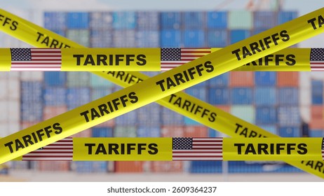 Tariffs text and US flag on yellow tape. Import tariff increase, Trade war concept. 3d render