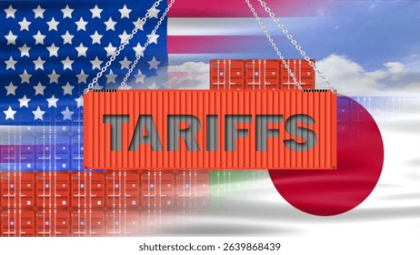 tariffs word on loading container with usa and japan waving flag on container background. concept for new trade policy usa government on japan.