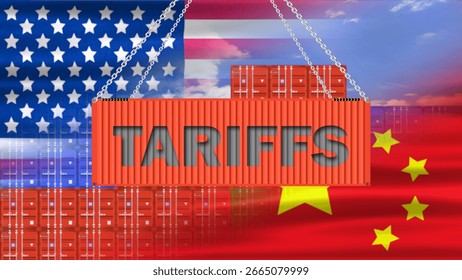 Tariffs word on loading container with two half waving usa and China flag at beach and bright sky. concept for new usa trade policy impact on import and export business between usa and China.