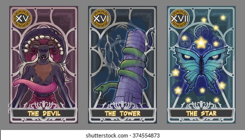 Tarot Card Illustration Set.  Suit Of The Devil, Suit Of The Tower And Suit Of The Star With Clipping Path. 