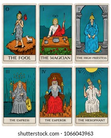 Tarot Deck Part 1 Of 4, Old Style Illustrations Of Cards 0 To 5.