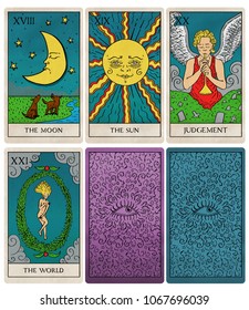 Tarot Deck Part 4 Of 4, Old Style Illustration Of Cards 18 To 21 And Two Backs.