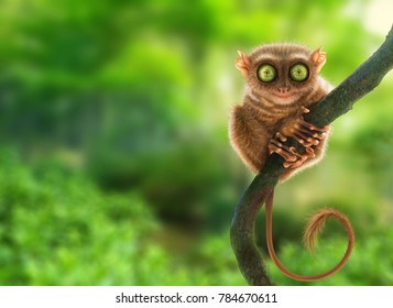 Tarsier monkey (Tarsius Syrichta) in natural jungle environment, Philippines. Digital art.