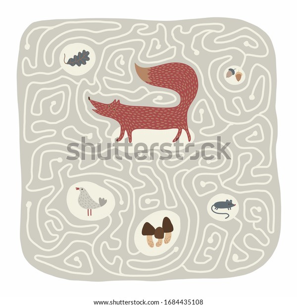 Task Children Labyrinth Fox Forest Elements Stock Illustration