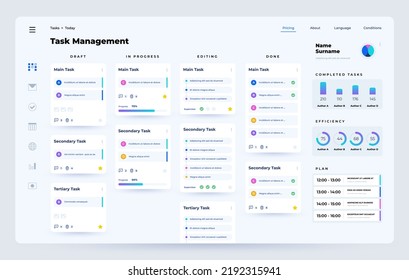 Task Manager. Planner And Organizer Application Dashboard UI With Task Performance Process, Time Management Web App.  Template Of Strategic Project Screen, Horizontal Scheduling Illustration