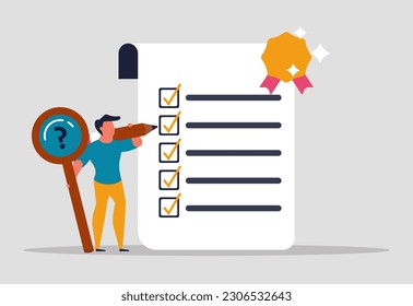 Task performance control and quality standard. List approval, compliance. Performance and quality assurance in company policy. The man is holding a magnifying glass and a pencil. illustration