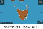 Tasmania, state of Australia. Patterned solids with lakes and rivers. Shape presented against its country area with informative overlays. 3D rendering