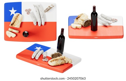 A tasteful Chilean flag display with fine wine, select cheeses, cured meats, and traditional bread. - Powered by Shutterstock