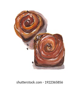 Tasty Cinnamon Rolls. Watercolor Illustration. Hand Painting