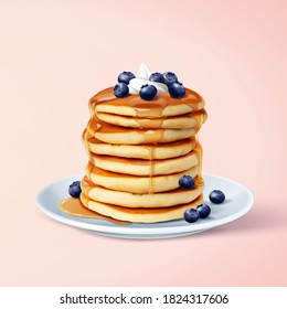 Tasty and fluffy pancake stack with maple syrup, butter and blue berries, 3d illustration