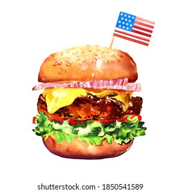 Tasty homemade beef hamburger with american flag, original american burger, 4th of July, fast food, hand drawn watercolor illustration on white background - Powered by Shutterstock