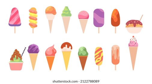 Tasty ice cream. Summer glace dessert, cone with creamy balls. Colorful diverse flavor sweets, flat isolated fruit popsicle utter set - Powered by Shutterstock