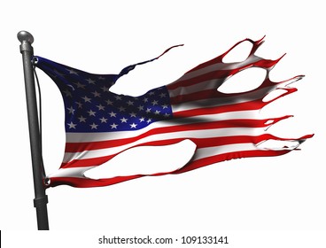 tattered american flag on white