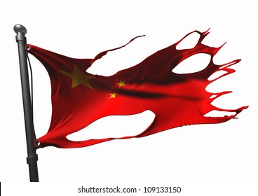 Tattered Chinese Flag On White