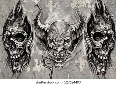 Tattoo Art, 3 Demons Over Grey Background, Sketch