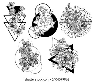 白い背景にタトゥーアートの花手描きと白黒とラインアートイラストをスケッチ のイラスト素材 Shutterstock