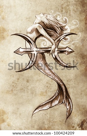 Tattoo Art Sketch Mermaid Pisces Vintage Stock Illustration 100424209