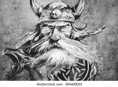 Tattoo Art, Sketch Of A Viking Warrior, Illustration Of An Ancient Wooden Figurehead On A Viking Longboat