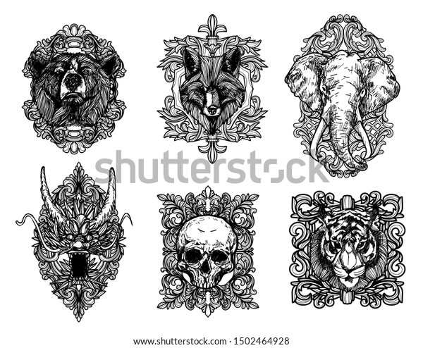 Tattoo Art Tiger Dragon Wolf Elephant Stock Illustration 1502464928