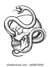 Tattoo Human Skull in side view Entwined By Snake drawn in Engraving style  