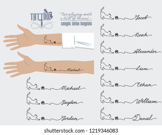 Tattoo On Hand, Cat Playing With A Ball Of Thread, Male Name, Michael, Jordan, Jordan, Jacob, Noah, Alexander, Liam, Ethan, William, Daniel, Illustration