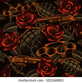 Tattoo Seamless Background With Roses And Wepons. Design Of Textile Texture. (RASTER VERSION)