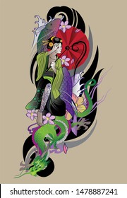 Tattoo Sleeve Design With Geisha And Dragon